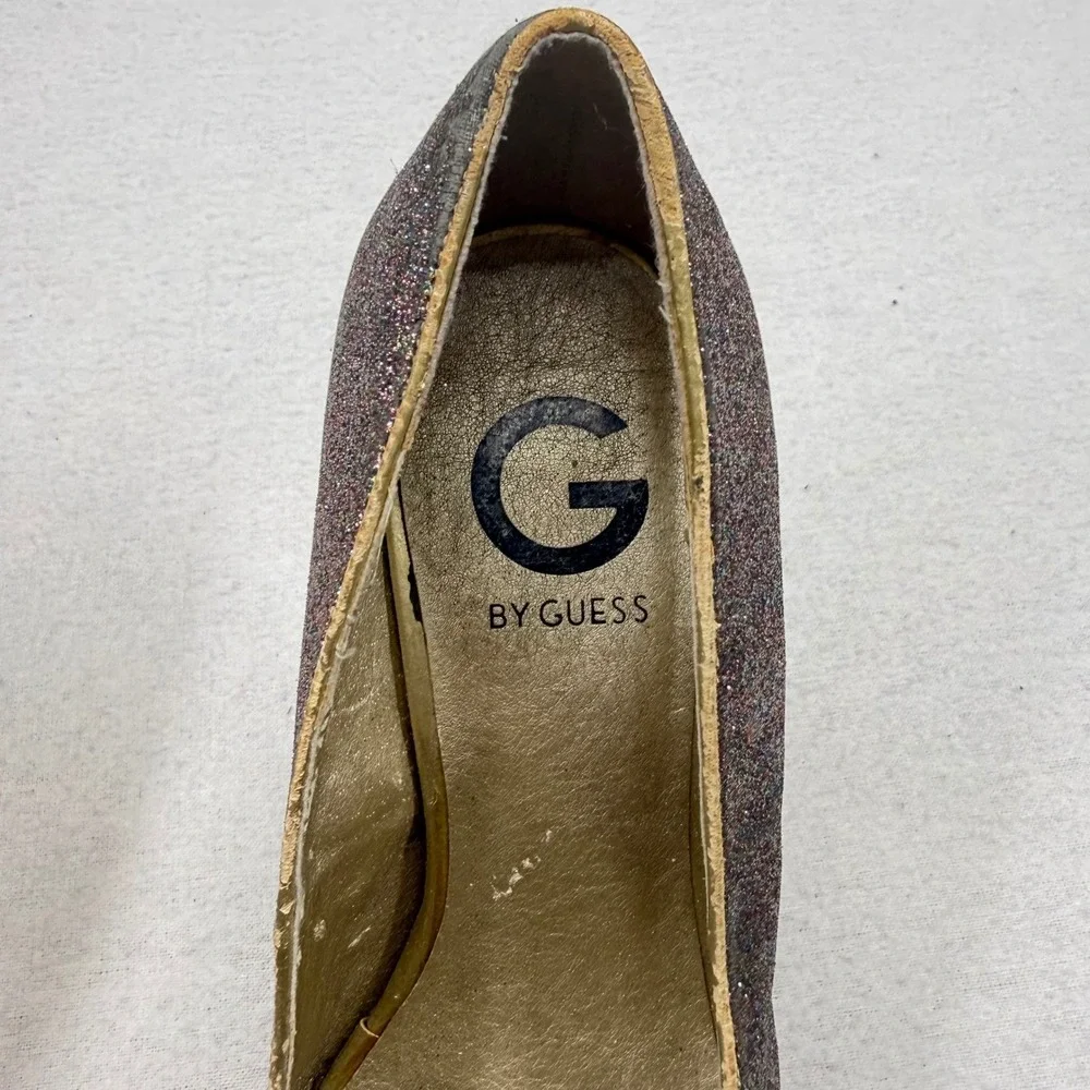 G By Guess Glitter Peep‎ Toe Platform Stiletto Heels Sparkly Gold Working Club